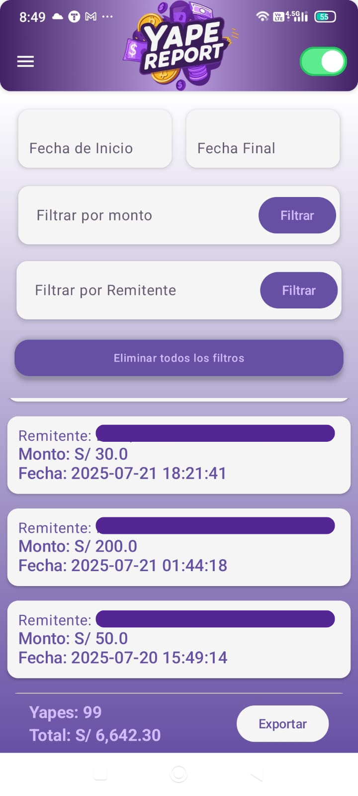 Pantalla principal de la aplicación